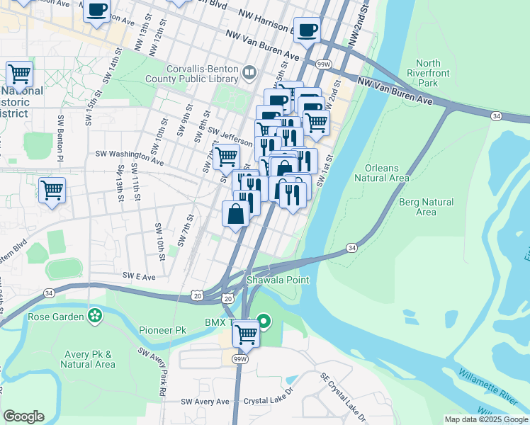 map of restaurants, bars, coffee shops, grocery stores, and more near 518 Southwest 3rd Street in Corvallis