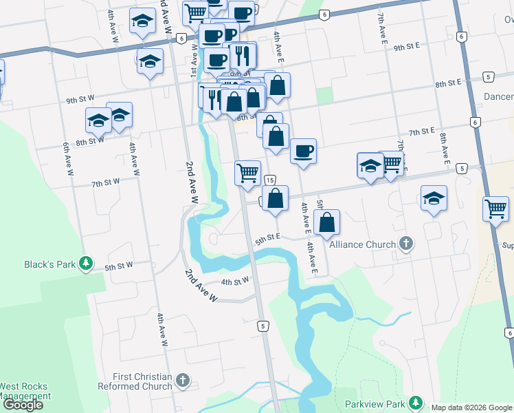 map of restaurants, bars, coffee shops, grocery stores, and more near 247 6th Street East in Owen Sound