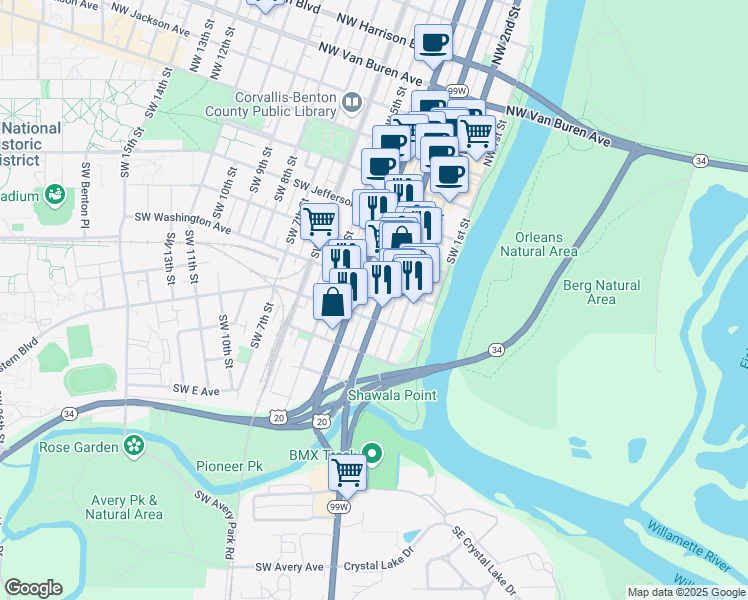 map of restaurants, bars, coffee shops, grocery stores, and more near 518 Southwest 3rd Street in Corvallis