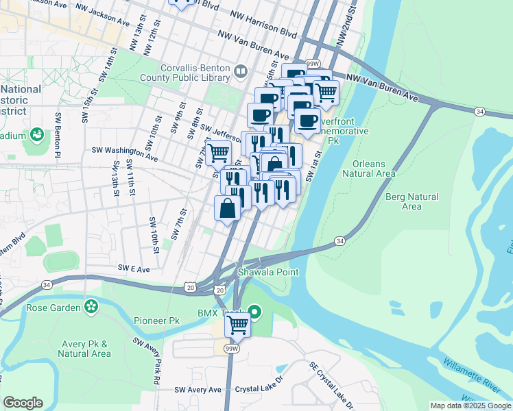 map of restaurants, bars, coffee shops, grocery stores, and more near 366 Southwest Washington Avenue in Corvallis