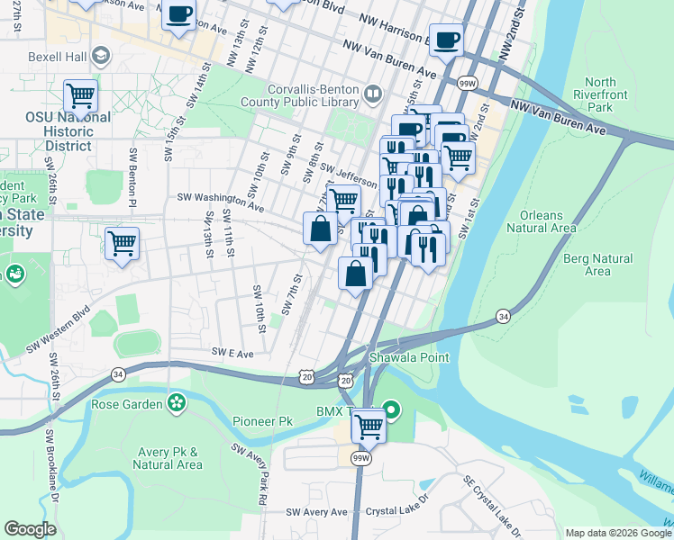 map of restaurants, bars, coffee shops, grocery stores, and more near 518 Southwest 5th Street in Corvallis