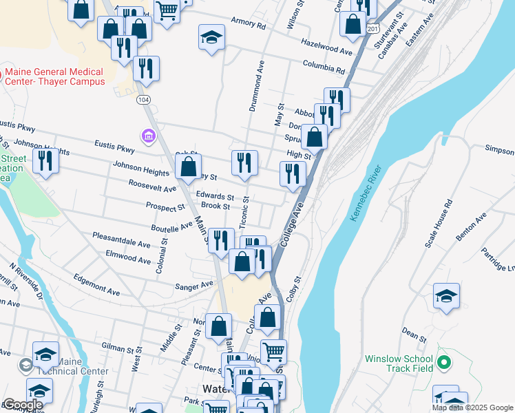 map of restaurants, bars, coffee shops, grocery stores, and more near 27 Maple Street in Waterville