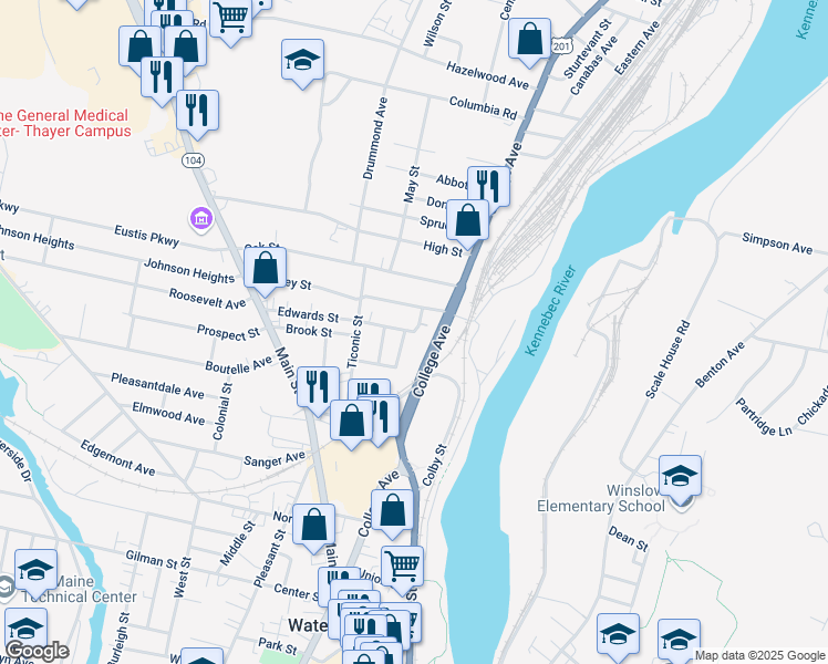 map of restaurants, bars, coffee shops, grocery stores, and more near 1 Maple Street in Waterville