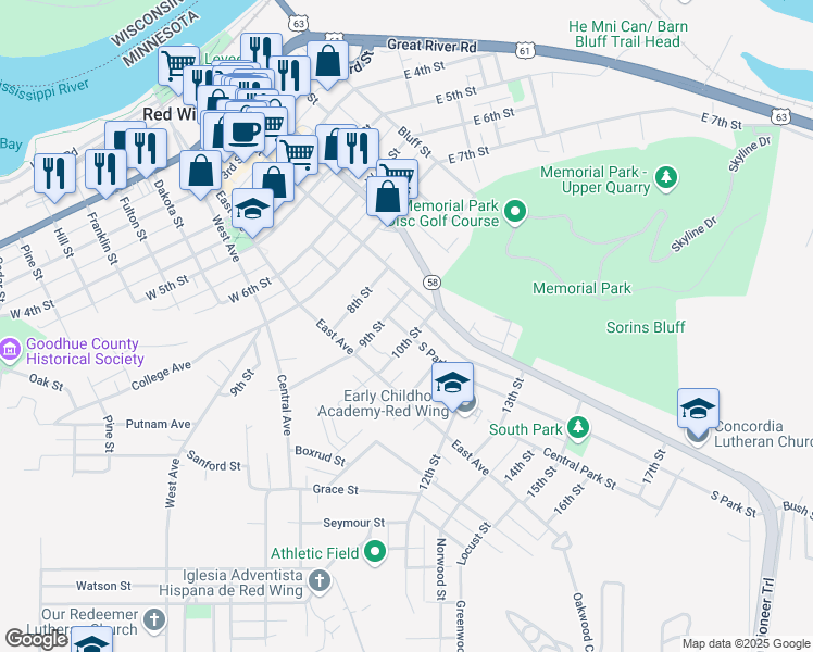 map of restaurants, bars, coffee shops, grocery stores, and more near 917 South Park Street in Red Wing