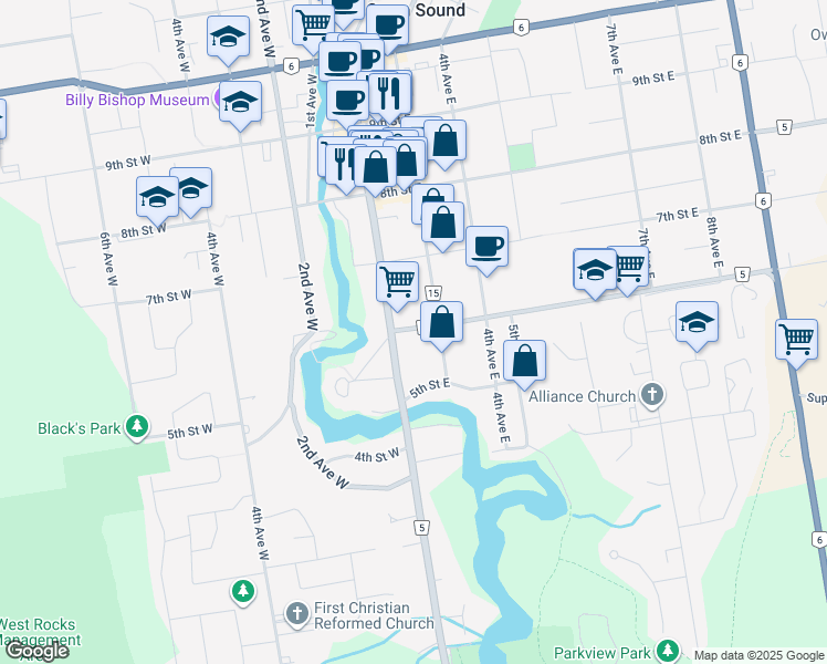 map of restaurants, bars, coffee shops, grocery stores, and more near 247 6th Street East in Owen Sound