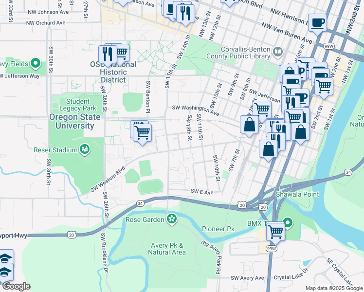 map of restaurants, bars, coffee shops, grocery stores, and more near 1363 Southwest Western Boulevard in Corvallis