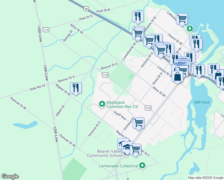map of restaurants, bars, coffee shops, grocery stores, and more near 119 Alfred Street West in The Blue Mountains