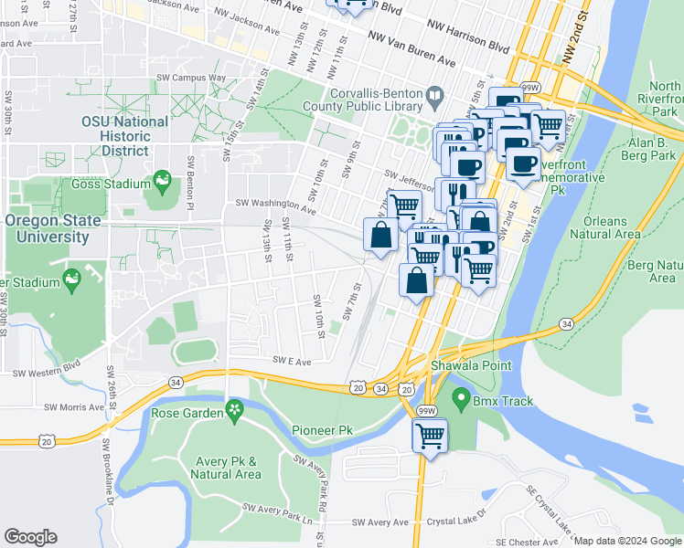 map of restaurants, bars, coffee shops, grocery stores, and more near 857 Southwest Western Boulevard in Corvallis