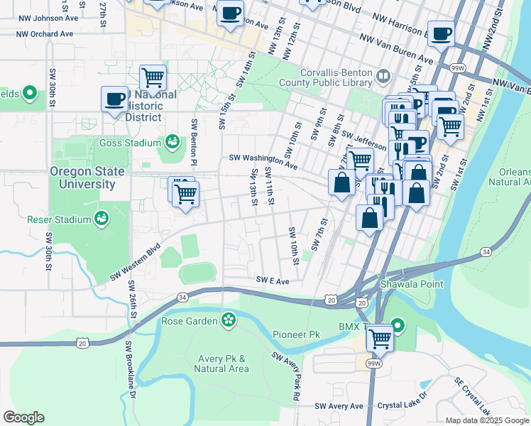 map of restaurants, bars, coffee shops, grocery stores, and more near 720 Southwest 11th Street in Corvallis