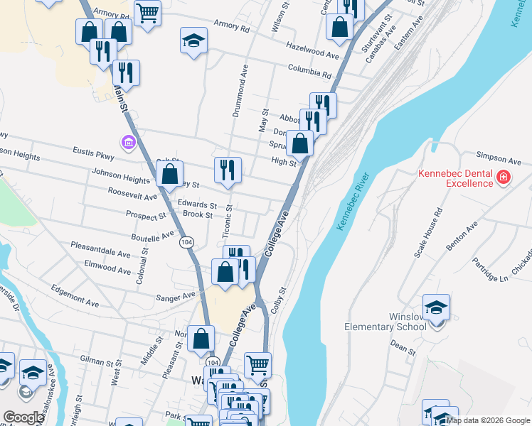 map of restaurants, bars, coffee shops, grocery stores, and more near 10 Ash Street in Waterville