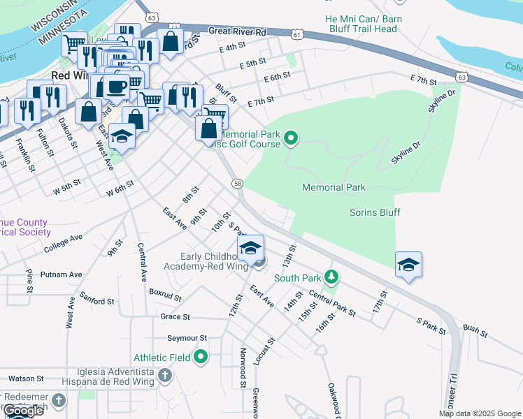 map of restaurants, bars, coffee shops, grocery stores, and more near 1029 Bush Street in Red Wing