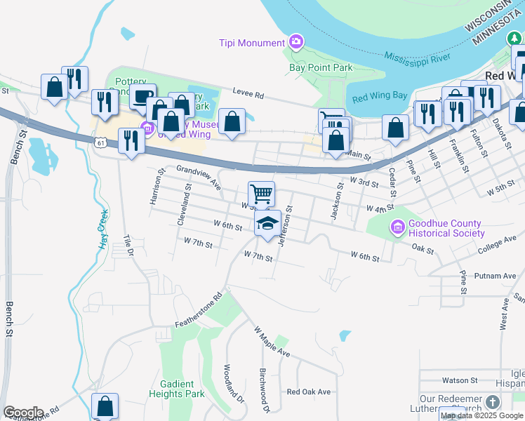 map of restaurants, bars, coffee shops, grocery stores, and more near 417 Buchanan Street in Red Wing