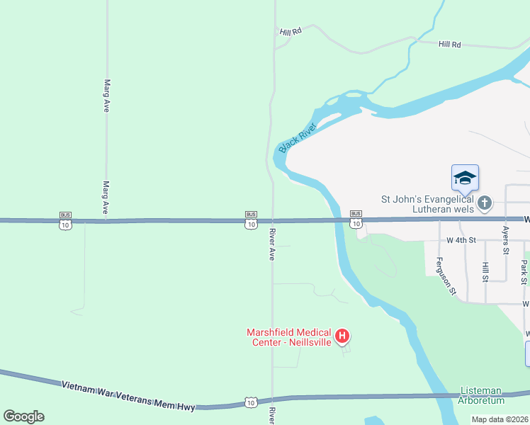 map of restaurants, bars, coffee shops, grocery stores, and more near N3919 River Avenue in Neillsville