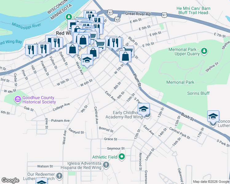 map of restaurants, bars, coffee shops, grocery stores, and more near 464 8th Street in Red Wing