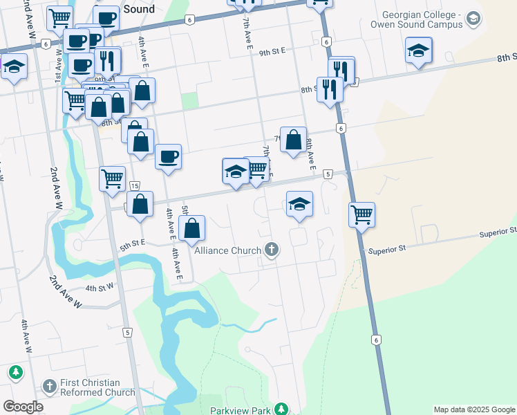 map of restaurants, bars, coffee shops, grocery stores, and more near 500 7th Avenue East in Owen Sound