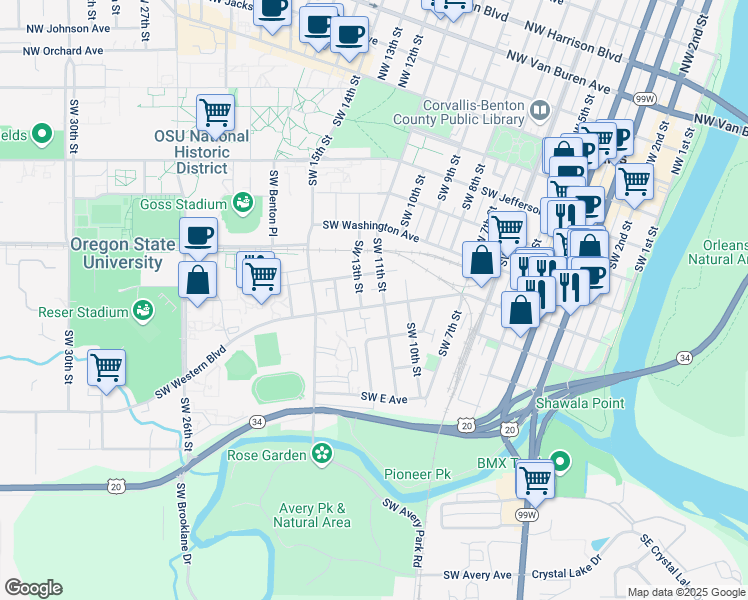 map of restaurants, bars, coffee shops, grocery stores, and more near 720 Southwest 11th Street in Corvallis