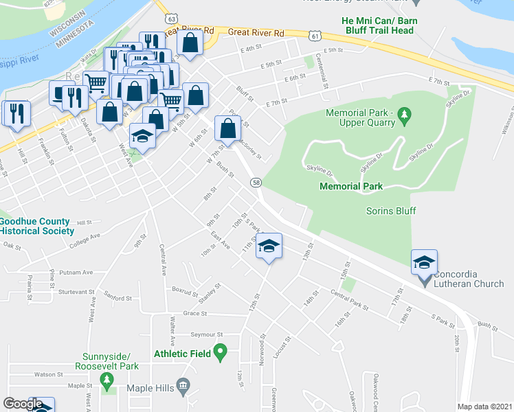 map of restaurants, bars, coffee shops, grocery stores, and more near 412 10th Street in Red Wing