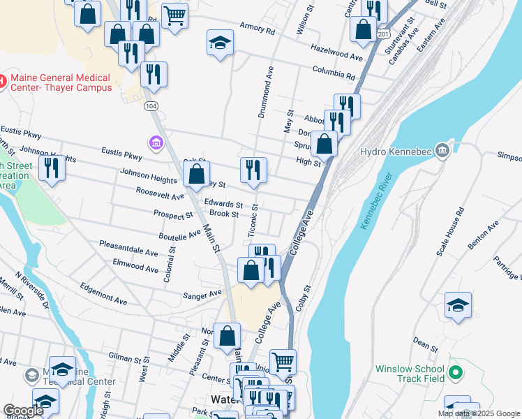 map of restaurants, bars, coffee shops, grocery stores, and more near 27 Maple Street in Waterville