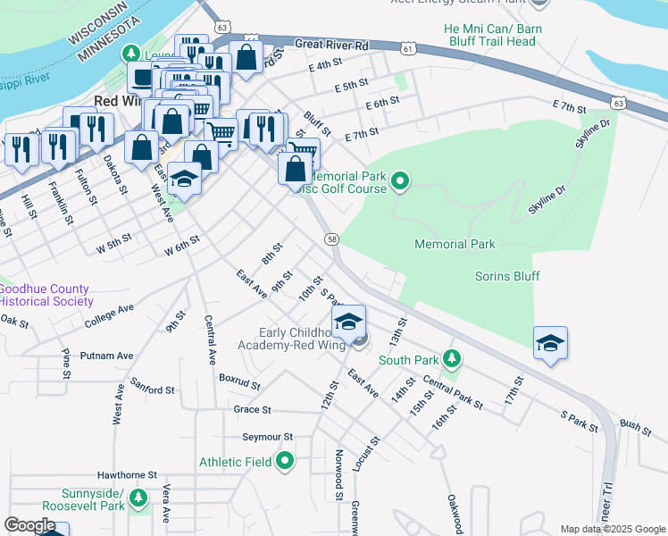 map of restaurants, bars, coffee shops, grocery stores, and more near 1002 Bush Street in Red Wing