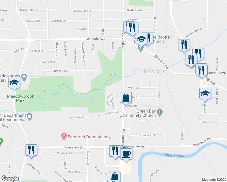 map of restaurants, bars, coffee shops, grocery stores, and more near 734 Olive Tree Court in Green Bay