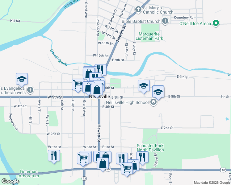 map of restaurants, bars, coffee shops, grocery stores, and more near 215 East 5th Street in Neillsville