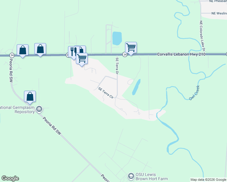 map of restaurants, bars, coffee shops, grocery stores, and more near 33842 Southeast Terra Circle in Corvallis