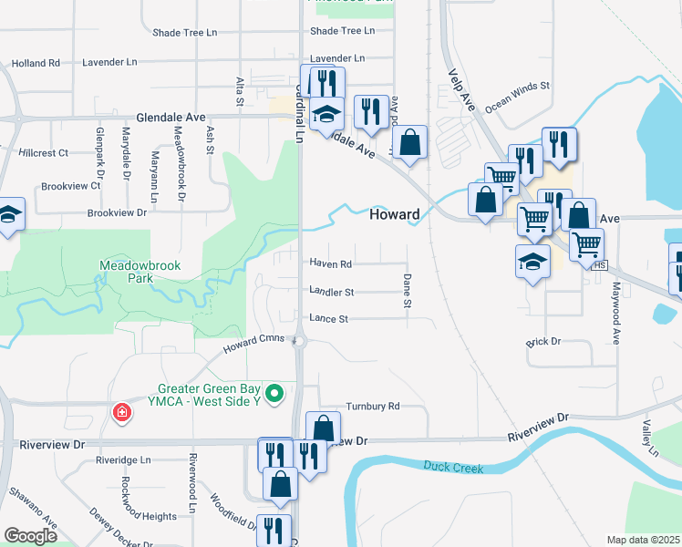 map of restaurants, bars, coffee shops, grocery stores, and more near 2565 Haven Road in Green Bay