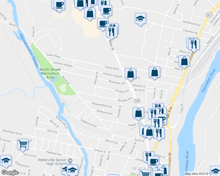 map of restaurants, bars, coffee shops, grocery stores, and more near 19 Prospect Street in Waterville