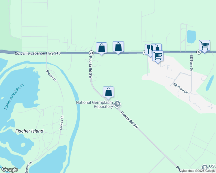 map of restaurants, bars, coffee shops, grocery stores, and more near 33795 Peoria Road Southwest in Corvallis