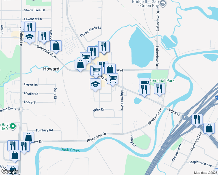 map of restaurants, bars, coffee shops, grocery stores, and more near 660 West Idlewild Court in Green Bay
