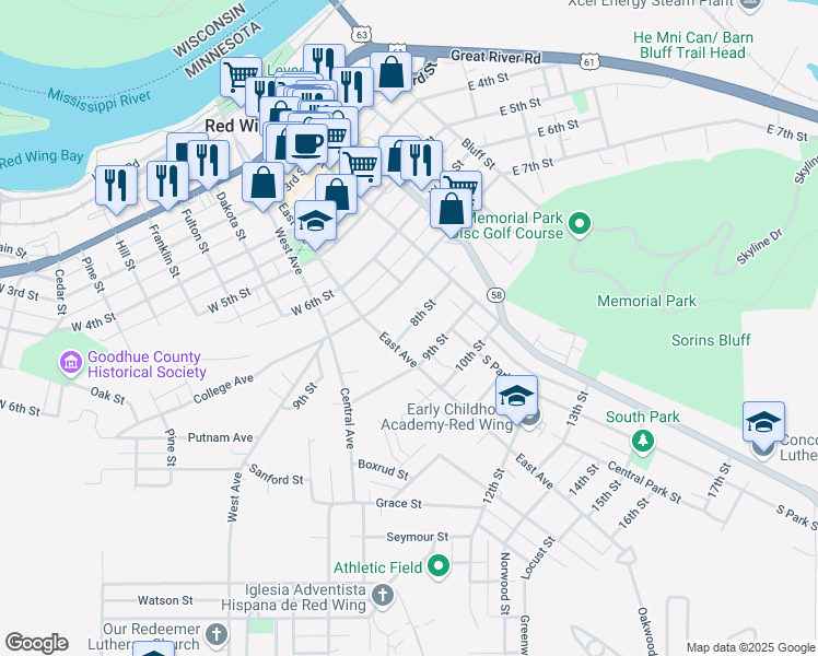 map of restaurants, bars, coffee shops, grocery stores, and more near 464 8th Street in Red Wing