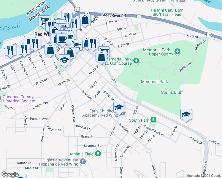 map of restaurants, bars, coffee shops, grocery stores, and more near 412 10th Street in Red Wing