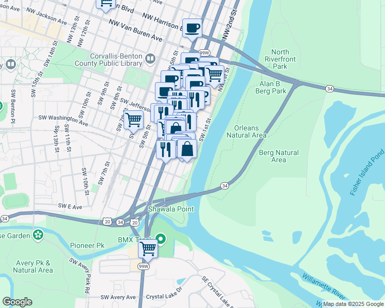 map of restaurants, bars, coffee shops, grocery stores, and more near 400 Southwest 1st Street in Corvallis