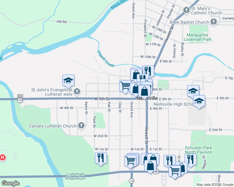 map of restaurants, bars, coffee shops, grocery stores, and more near 506 Clay Street in Neillsville
