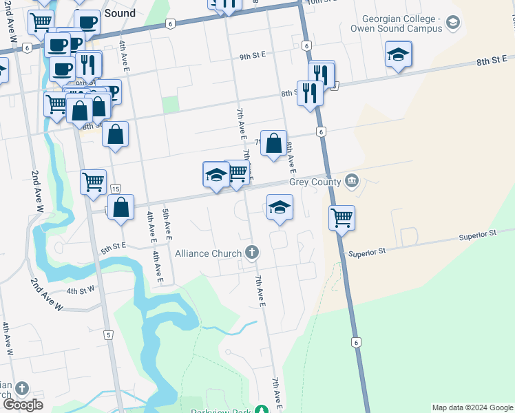 map of restaurants, bars, coffee shops, grocery stores, and more near 704 5th Street East in Owen Sound