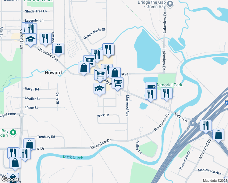 map of restaurants, bars, coffee shops, grocery stores, and more near 660 West Idlewild Court in Green Bay