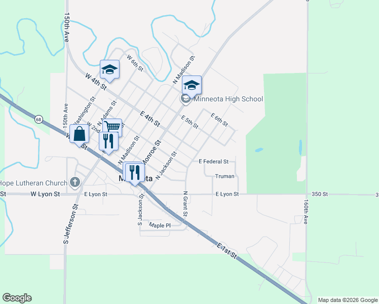 map of restaurants, bars, coffee shops, grocery stores, and more near 311 North Grant Street in Minneota
