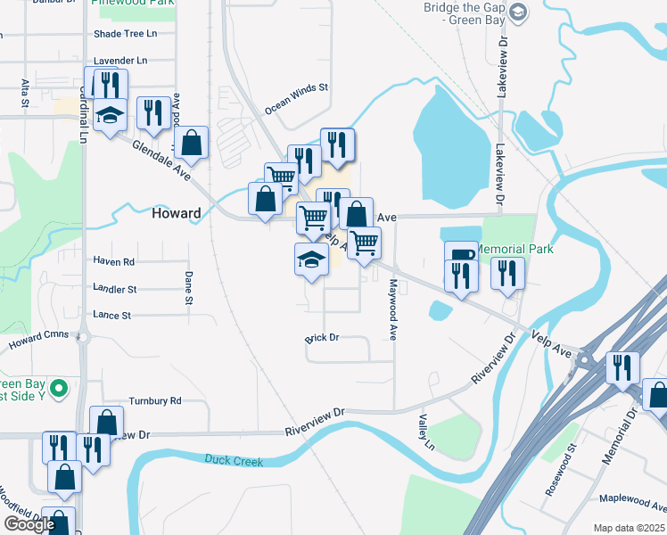 map of restaurants, bars, coffee shops, grocery stores, and more near 660 West Idlewild Court in Green Bay