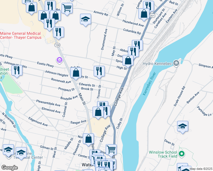 map of restaurants, bars, coffee shops, grocery stores, and more near 27 Maple Street in Waterville