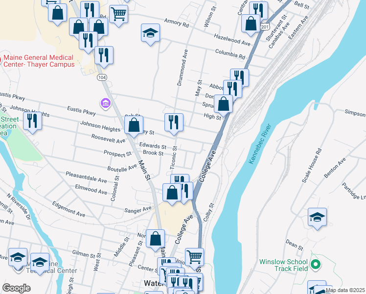 map of restaurants, bars, coffee shops, grocery stores, and more near 27 Maple Street in Waterville