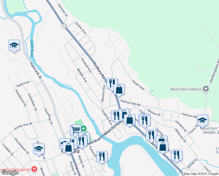 map of restaurants, bars, coffee shops, grocery stores, and more near 54 Roxbury Road in Mexico