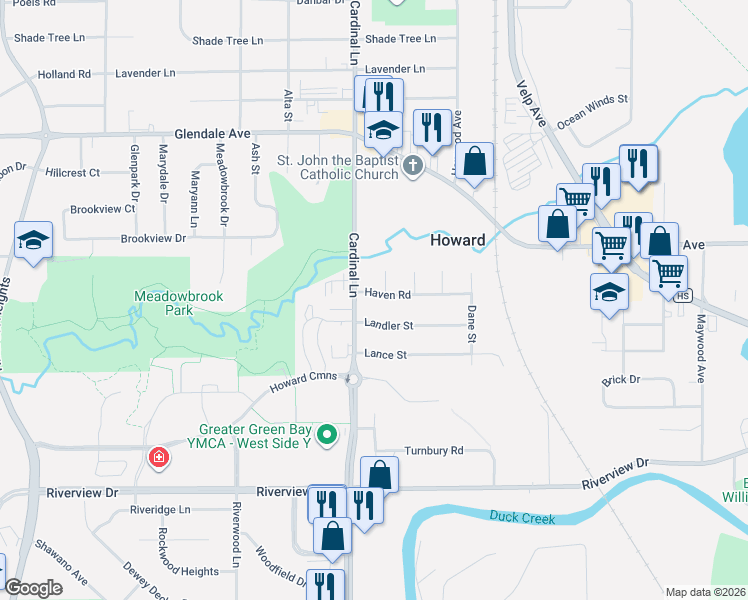 map of restaurants, bars, coffee shops, grocery stores, and more near 2597 Haven Road in Howard