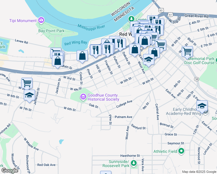 map of restaurants, bars, coffee shops, grocery stores, and more near 920 West 5th Street in Red Wing