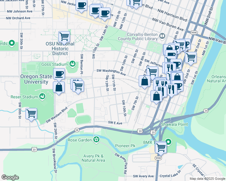 map of restaurants, bars, coffee shops, grocery stores, and more near 720 Southwest 11th Street in Corvallis