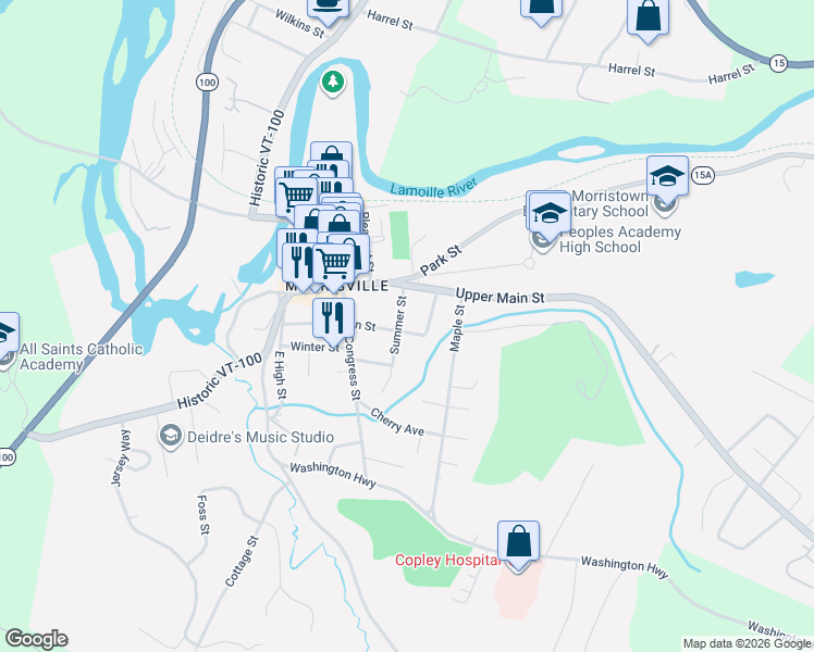 map of restaurants, bars, coffee shops, grocery stores, and more near 26 Union Street in Morristown