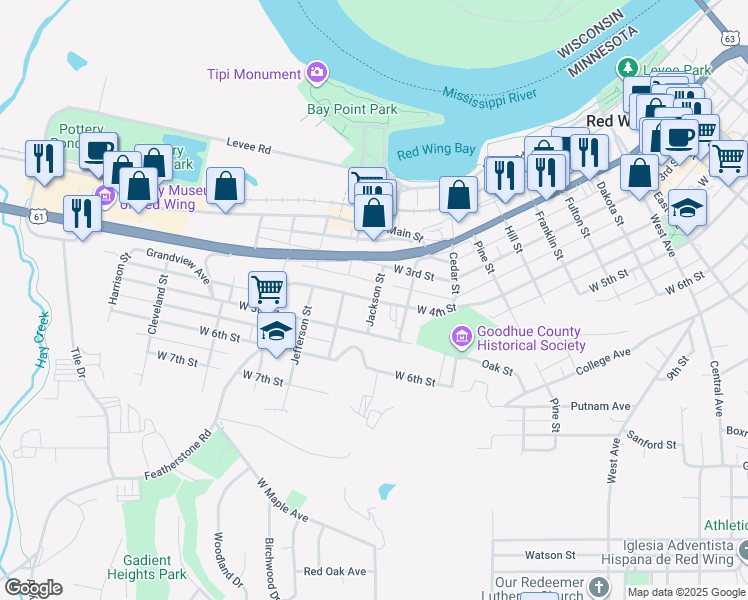 map of restaurants, bars, coffee shops, grocery stores, and more near 1316 West 4th Street in Red Wing