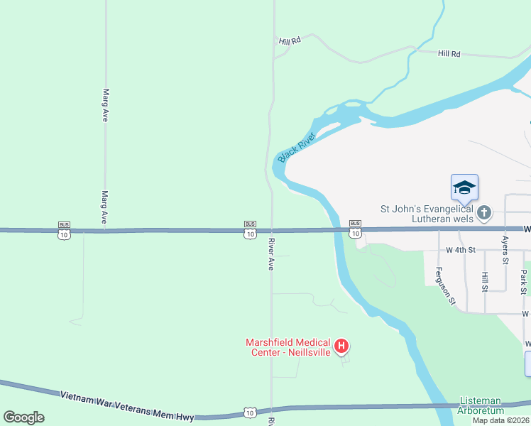 map of restaurants, bars, coffee shops, grocery stores, and more near N3919 River Avenue in Neillsville