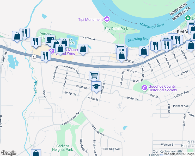 map of restaurants, bars, coffee shops, grocery stores, and more near 417 Buchanan Street in Red Wing