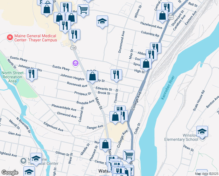 map of restaurants, bars, coffee shops, grocery stores, and more near 29 Edwards Street in Waterville