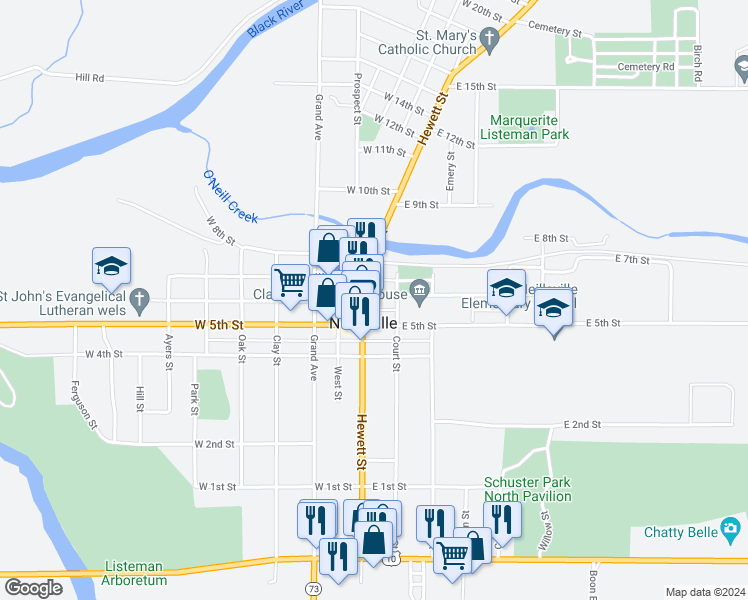 map of restaurants, bars, coffee shops, grocery stores, and more near 120 East 6th Street in Neillsville